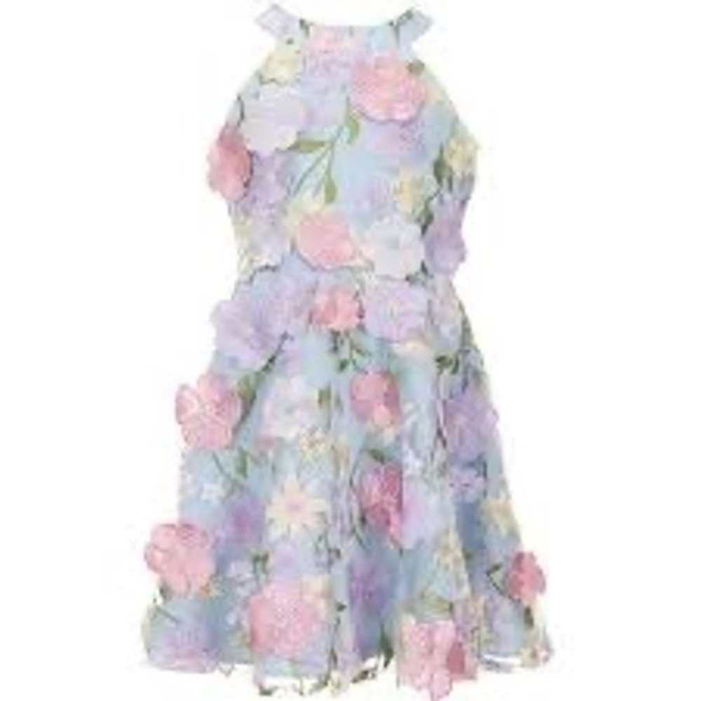 Rare Editions Girls Light Blue Floral Embroidered Halter Party Dress Size 12